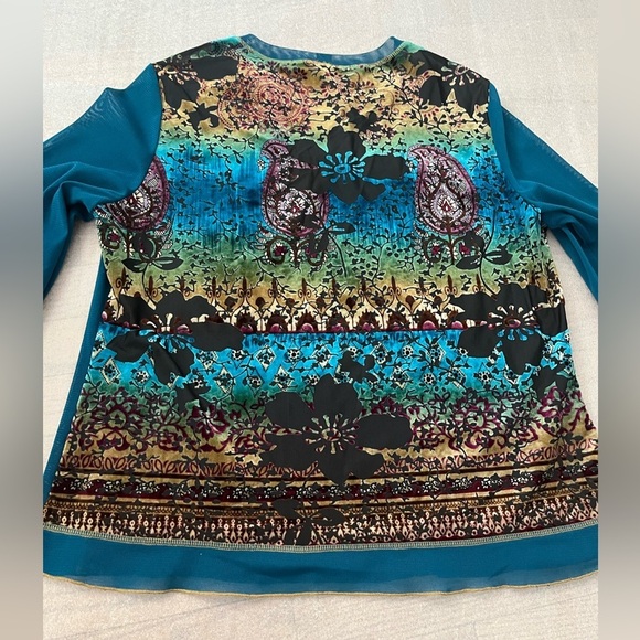 [XL]Tribal Teal and Black Burnt Velvet Mesh Women's LS Floral Blouse - Picture 5 of 7